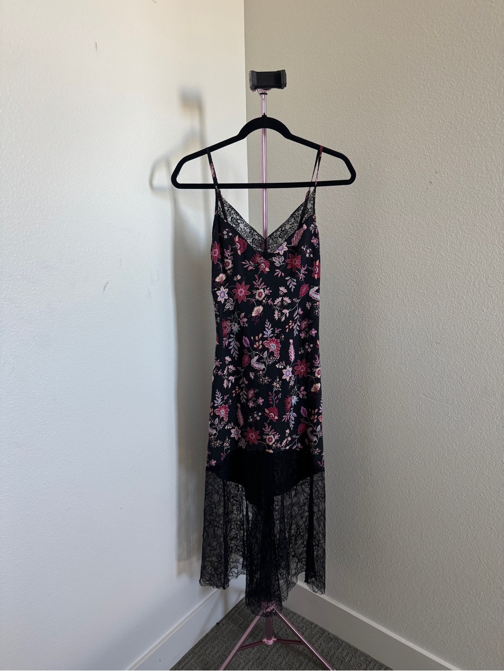 Black Floral Lace Trim Slip Dress